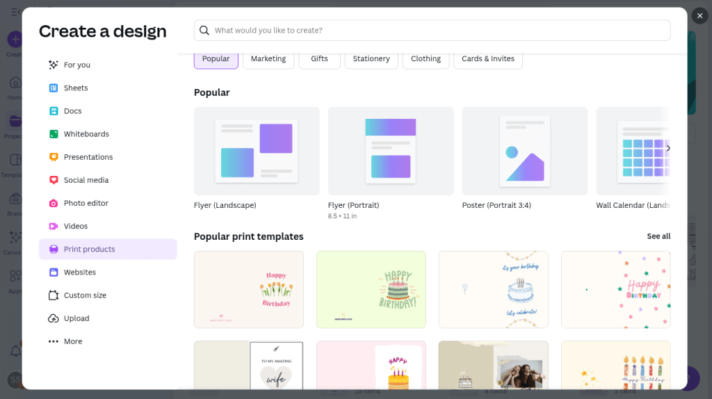 Canva's create a design page showing flyer 11 inches x 8.5inches and other options